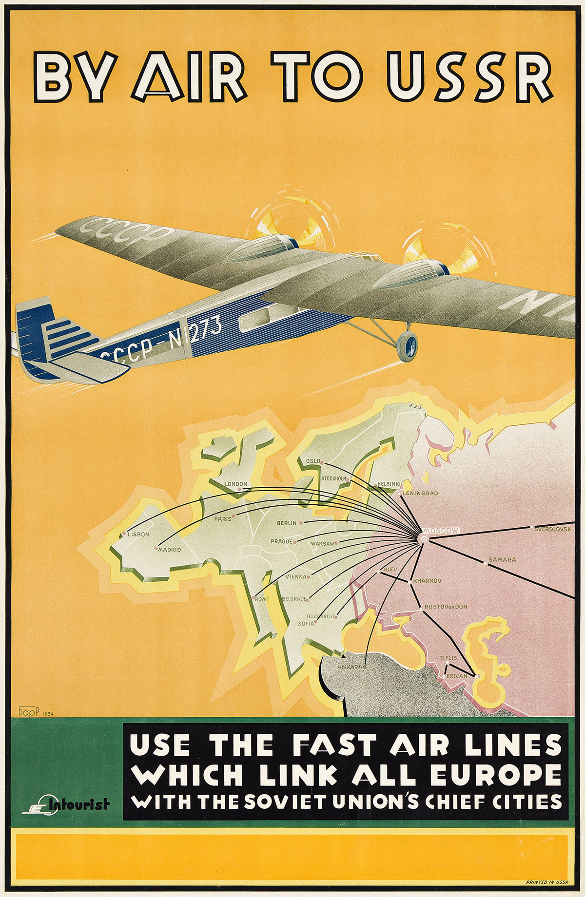 KONSTANTIN BOR RAMENSKY (1900-1942).  BY AIR TO USSR / USE THE FAST AIR LINES. 1934. 36¼x23¾ inches, 92x60¼ cm. Intourist.